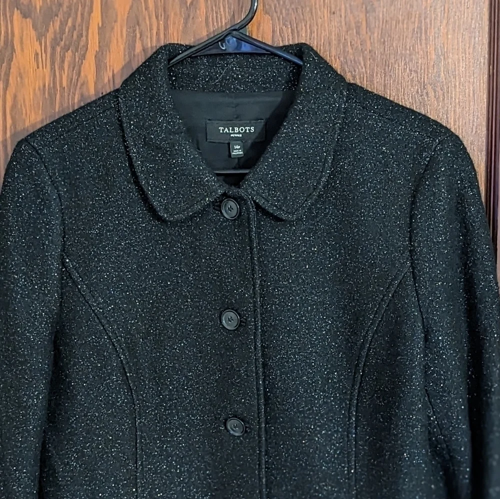 Talbots Black Shimmery Sparkle Long Sleeve Business Professional Blazer Size 14P